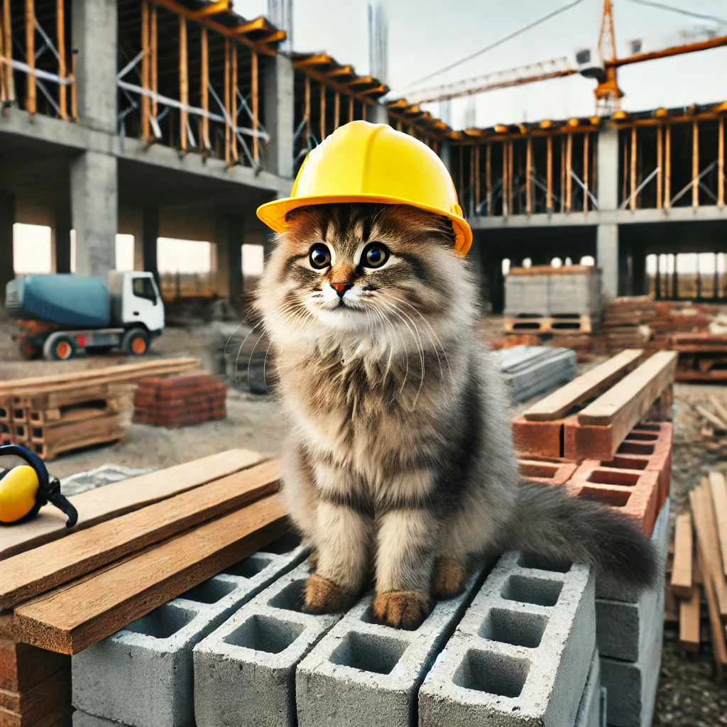A cat wearing a construction helmet